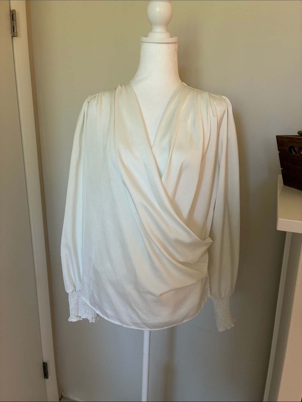 SHEIN Ivory Draped Faux-Wrap Long Sleeve Blouse